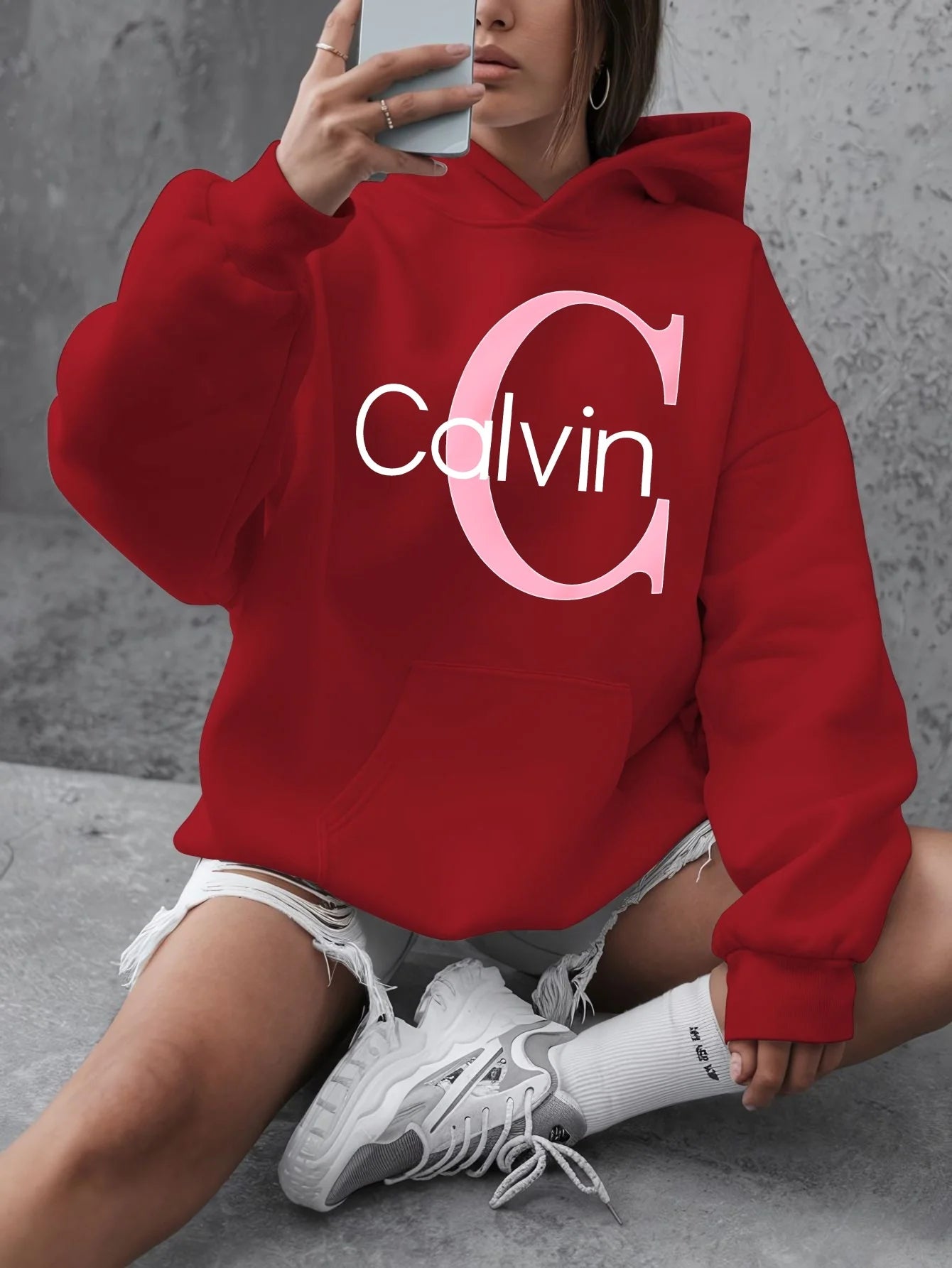 Calvin Graphic Hoodie Women's Plus Size "Calvin" Graphic Hoodie - Casual Long Sleeve Pullover with Pockets y2k clothes
