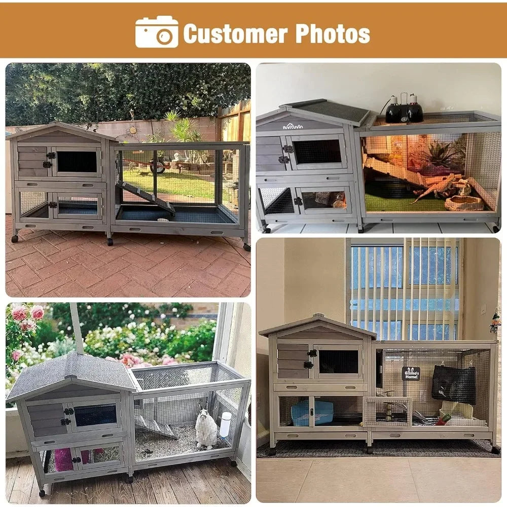 Bunny Cage Indoor and Outdoor Rabbit Hutch with Casters Waterproof Roof and Pull Out Tray