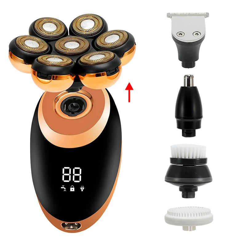 Men 7D Floating Electric Shaver Wet Dry Beard Hair Trimmer Rechargeable Bald Head Razor with LCD Display