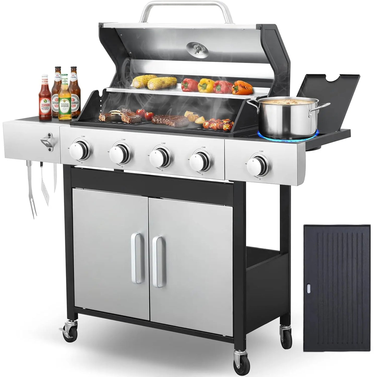 4-Burner Gas Grill, 46,790 BTU Outdoor BBQ Grill with Infrared Side Burner, Porcelain Cast Iron Grates & Stainless, Customized