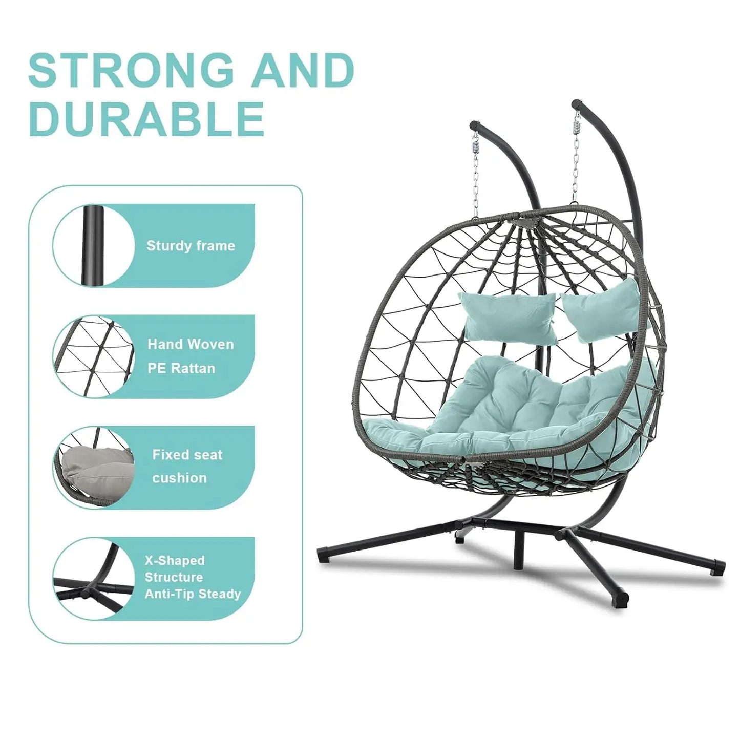 Double Egg Swing Chair with Stand, 2 Person Outdoor Indoor Hammock Hanging Chair with Cushion,Patio Wicker Hanging, Customized