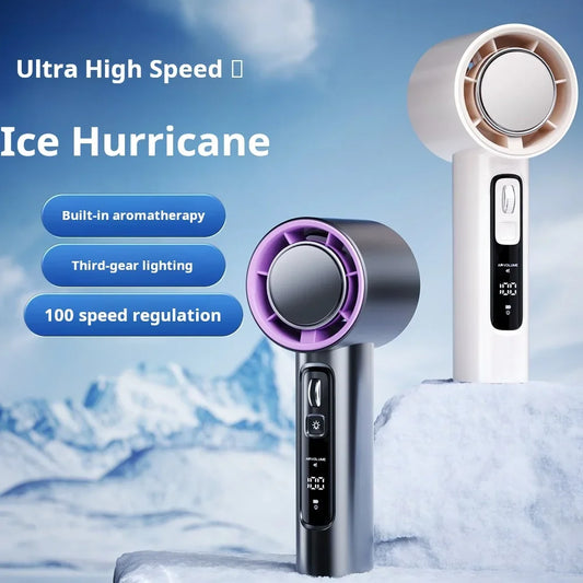 High Speed Handheld Fan with 5000mAh Battery 100 Speed Settings Stepless Motor LED Flashlight and Battery Indicator