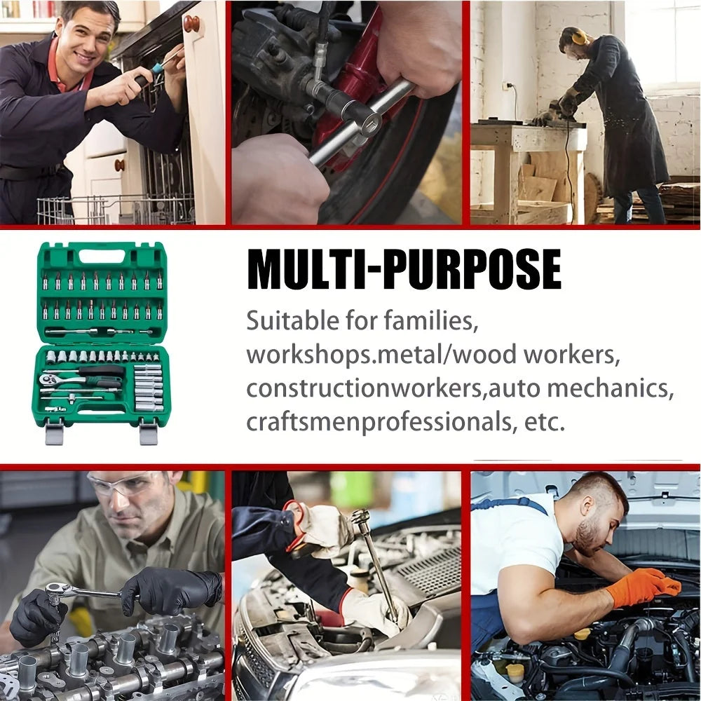 53pcs, 1/4 Inch Drive Socket Ratchet Wrench Set, Bit Socket, Metric And Extension Bar Set For Automotive Repair﻿