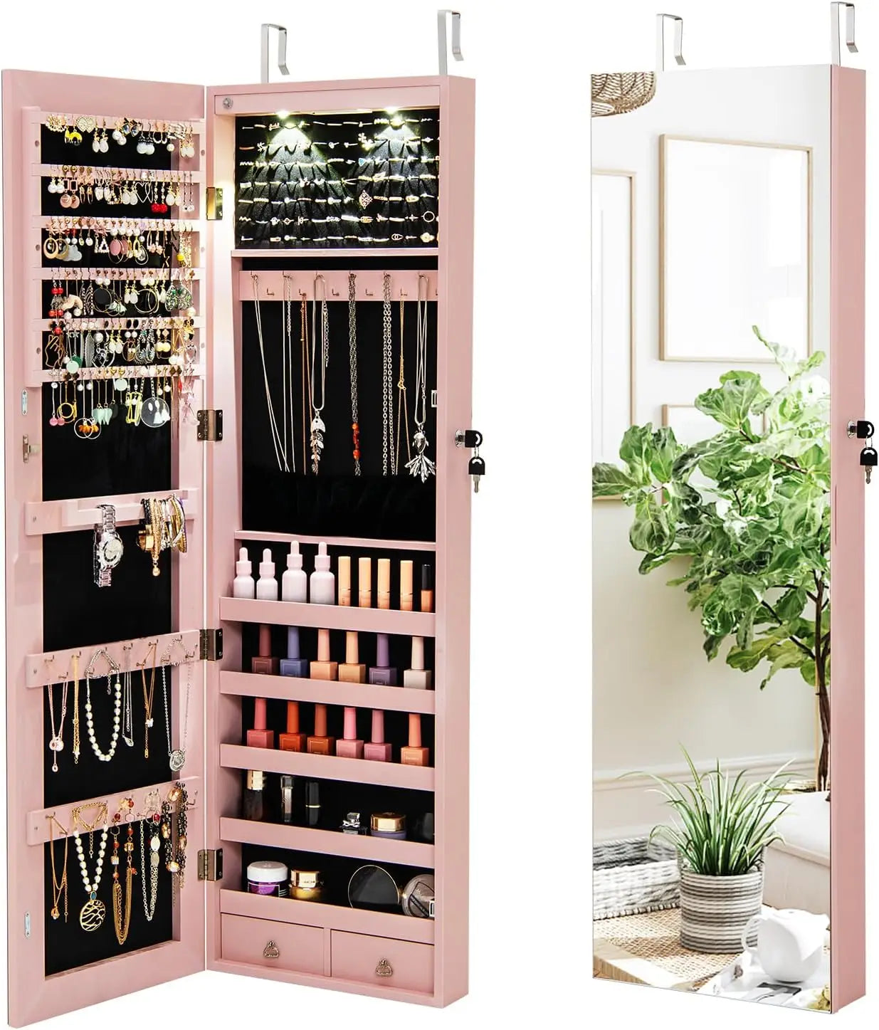 2 LEDs Full Length Mirror Jewelry Armoire with Storage and Mounting Options 47.5 Inch Jewelry Cabinet