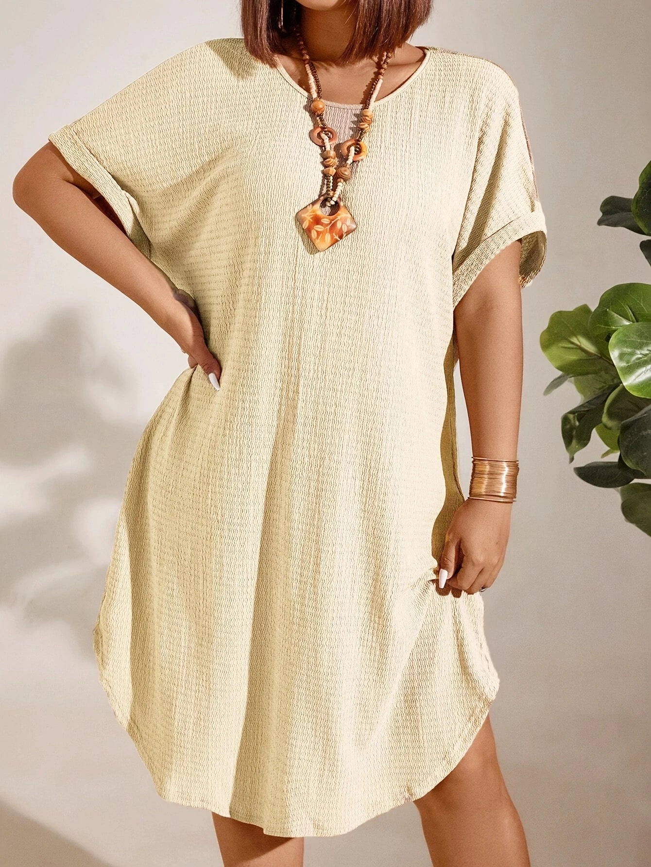 Casual Short Sleeve Round Neck Pure Color Dress for Women Spring Summer Knee Length Fashion