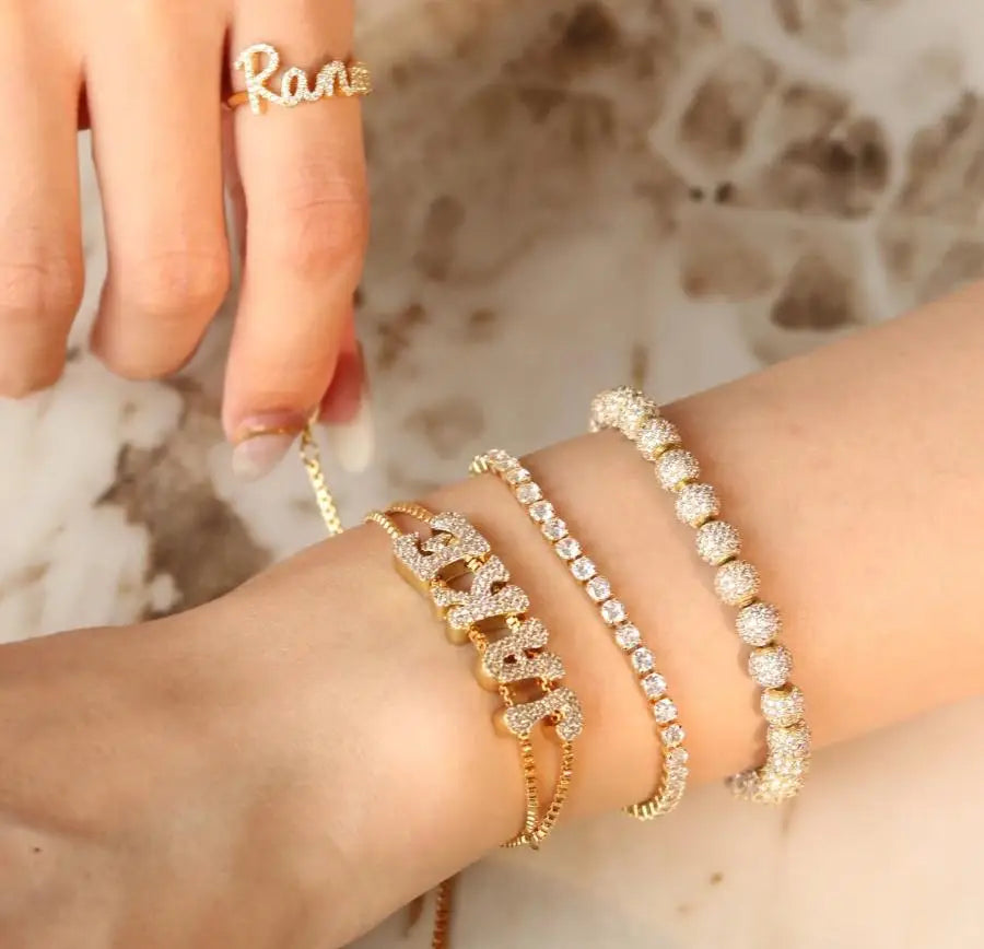 Doremi Fat Bubble Slide Initial Letters Bracelet Full Crystal Letters Women Name DIY Sliding Slider Letter Bracelets