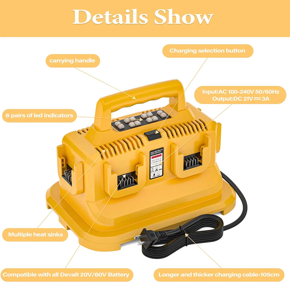 6 Ports Dewalt Rapid Battery Charger Station Replacement for Dewalt Flexvolt 20V 60V Battery DCB200 DCB205 DCB606 DCB609