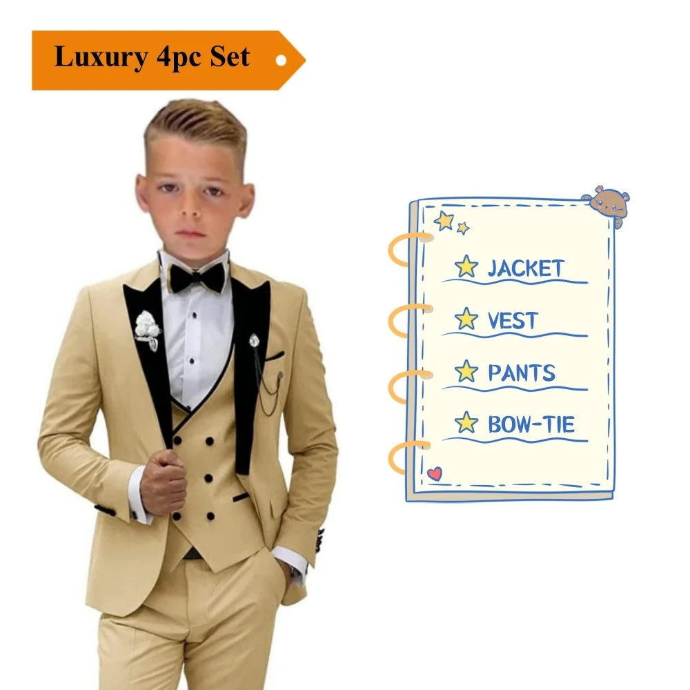 24 Hour Ship Boy's Formal 4 Piece Suit Set Blazer Vest Pants Bow Tie Smart Kids Tuxedo Dress Wedding Ring Bearer