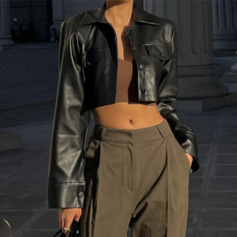 Xeemilo Autumn Faux Leather Short Jacket Y2K Turn Down Collar Fashion Button Decoration PU Coat 2022 Grunge Street Casual Coats