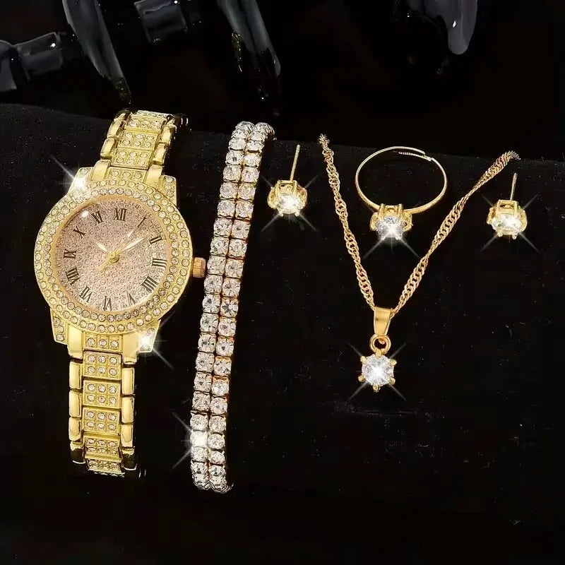 6PCS Women Luxury Elegant Alloy Watch Crystal Wristwatch for Ladies Gift Quartz Rhinestone Bracelet