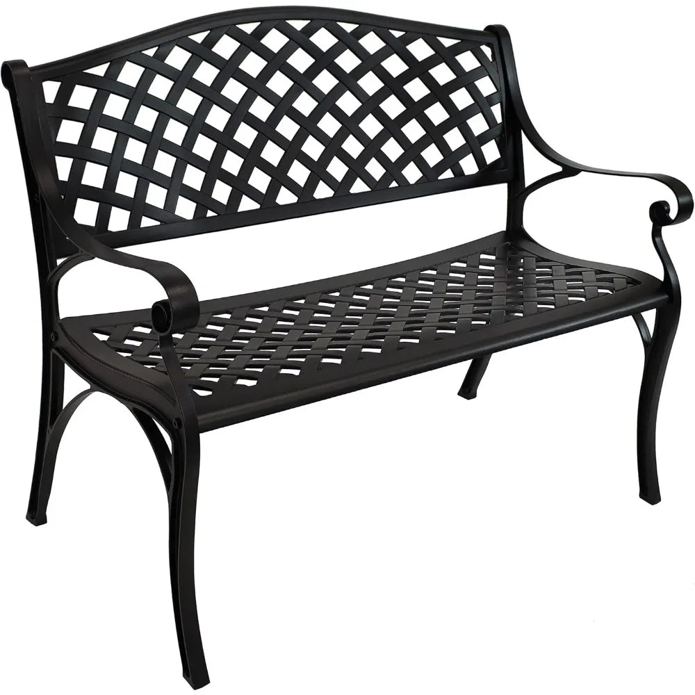 2 Person Cast Aluminum Garden Bench with Checkered Design 615 Pound Weight Capacity 39 Inch Wide Black