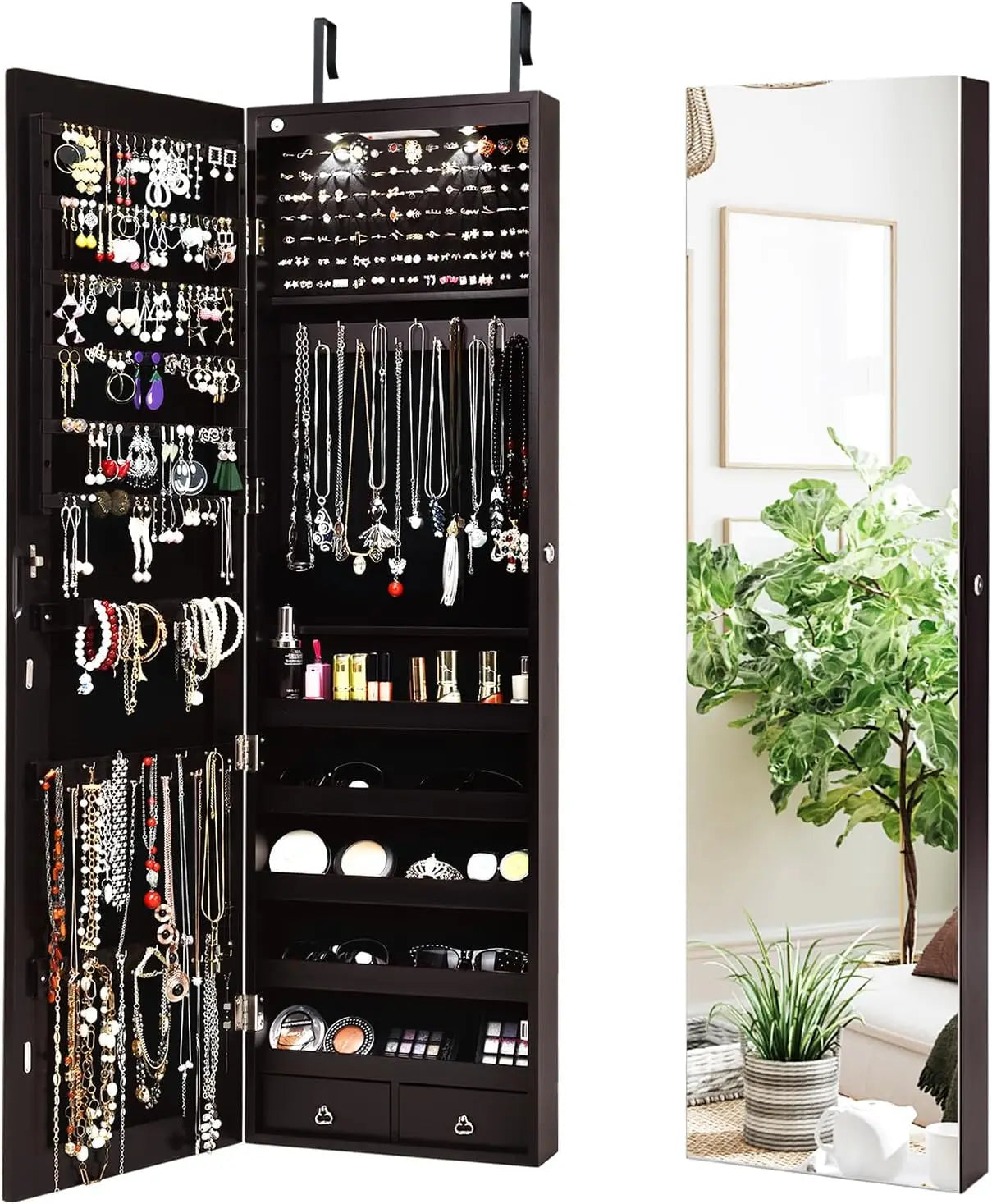 2 LEDs Full Length Mirror Jewelry Armoire with Storage and Mounting Options 47.5 Inch Jewelry Cabinet