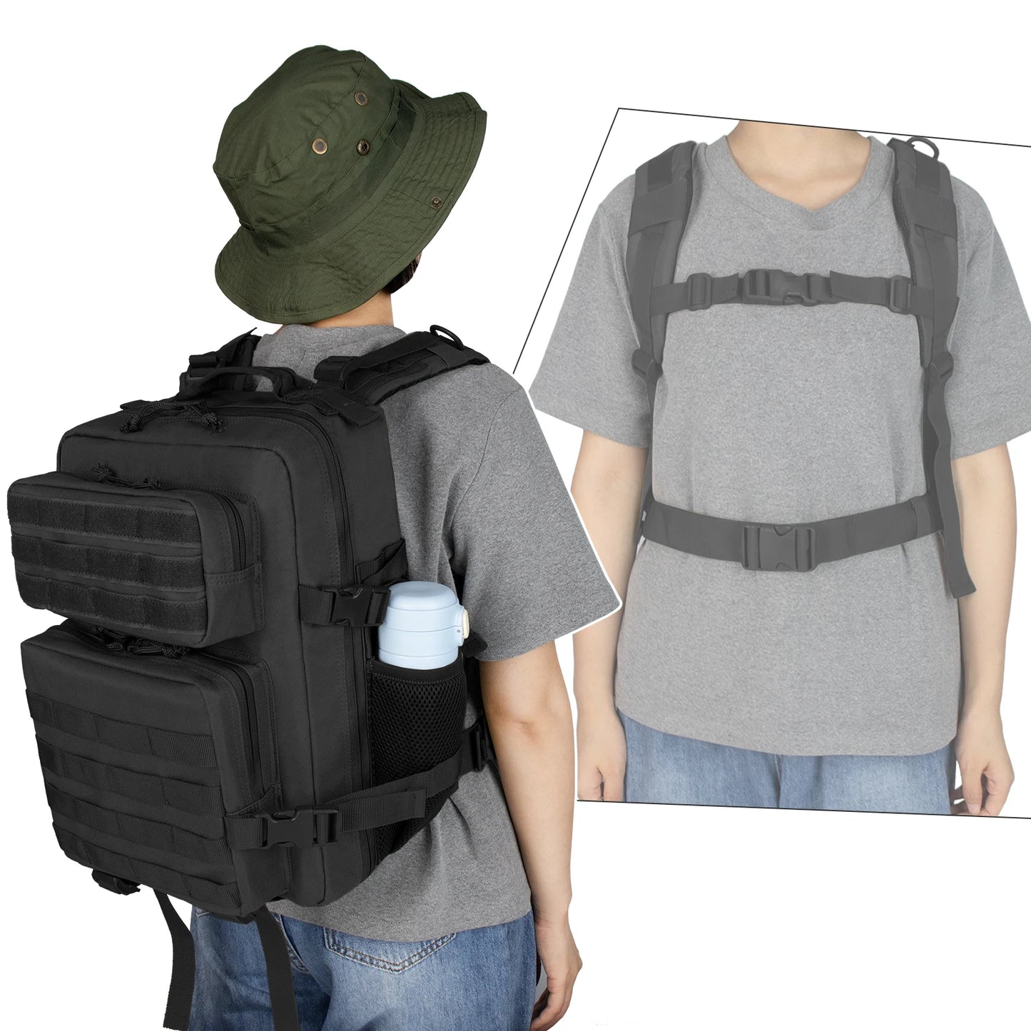 25L Military Tactical Backpack For Men Camping Hiking Trekking Daypack With Removable Water Bottle Pouch Bug Out Bag Large MOLLE