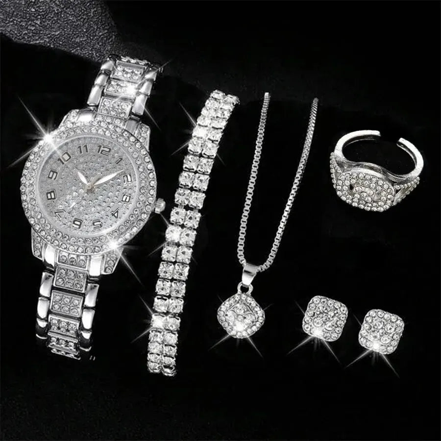 6PCS Women Luxury Elegant Alloy Watch Crystal Wristwatch for Ladies Gift Quartz Rhinestone Bracelet