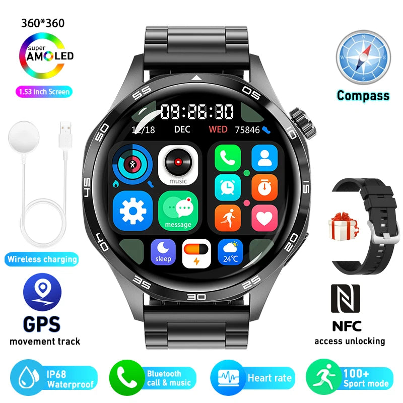 For Huawei GT5 Pro GPS NFC Smart Watch Men 360x360 AMOLED Screen Heart Rate Bluetooth Call IP67 Waterproof Smartwatch 2024