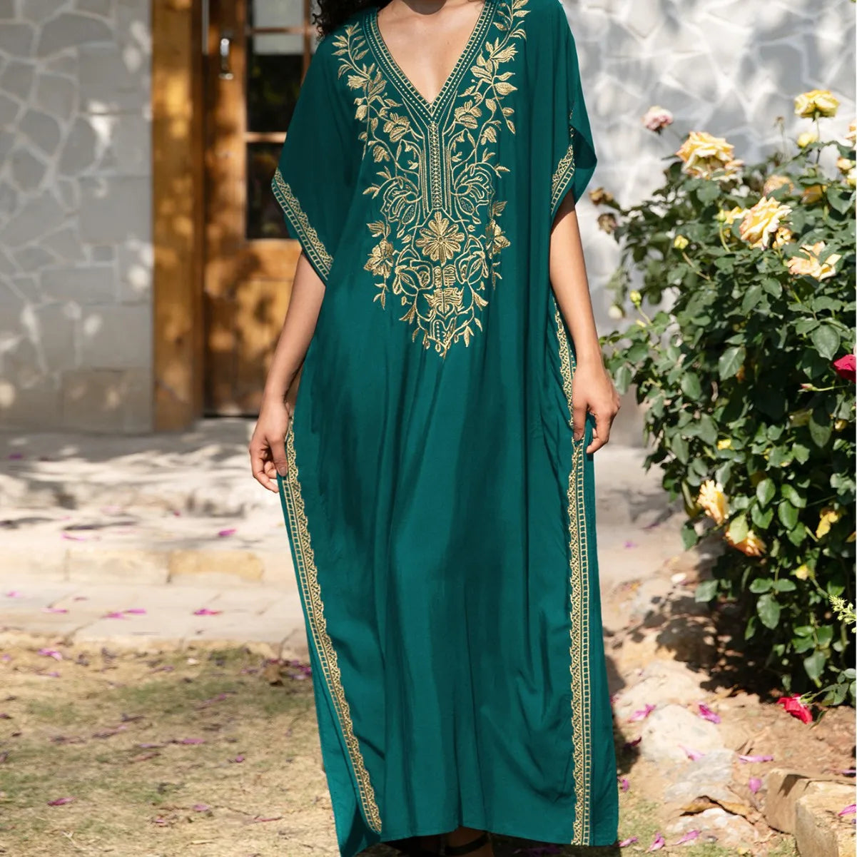 Gold Embroidery Beach Dress with Side Split Design and Oversized Fit