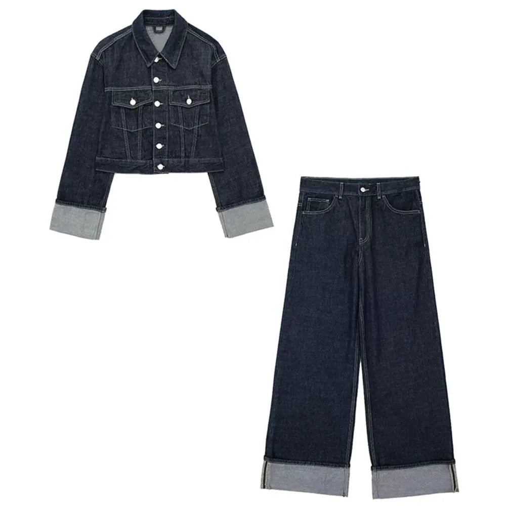 Trafa Women Vintage Denim Jacket Pant Set Single Breasted Lapel Long Sleeve Coat Wide Leg Trousers High Street Outfit