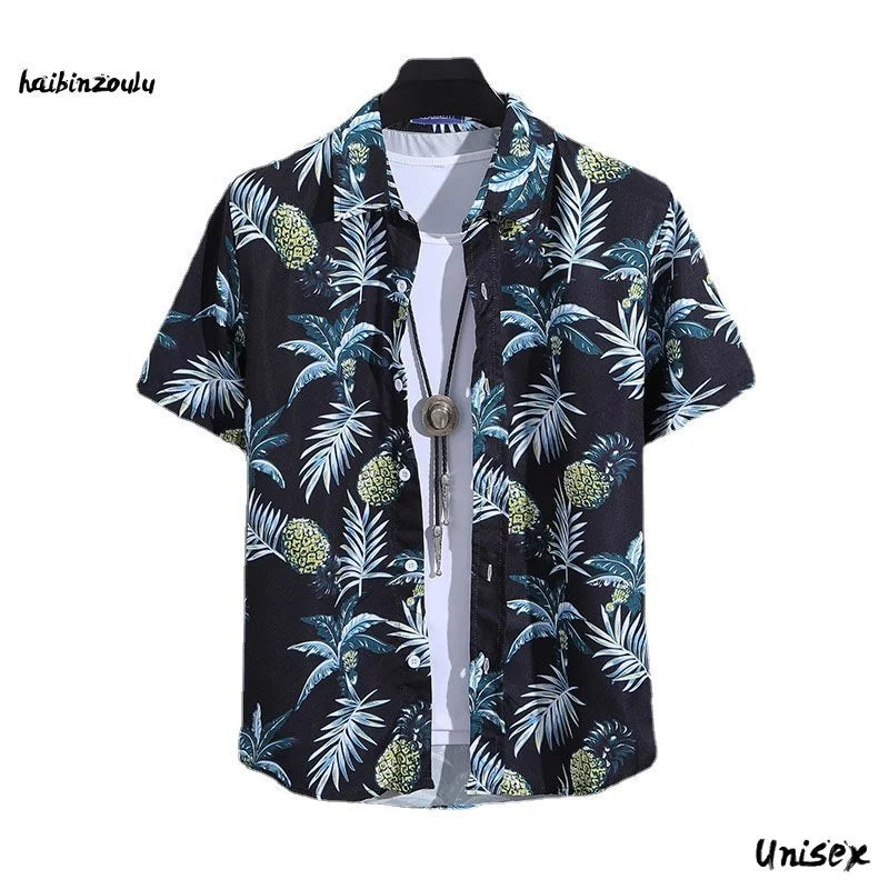 Men's Summer Short Sleeve Printed Beach Shirt Thin Turtle Neck Polo Casual Top