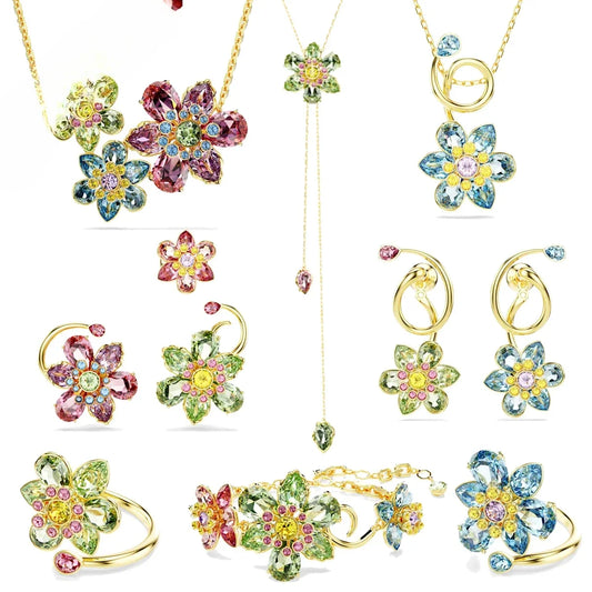 Original 2025 New Trend Fine Party Jewelry Set Charming Blue Green Flower Crystal Pendant Fashion Women's Necklace Earrings Ring