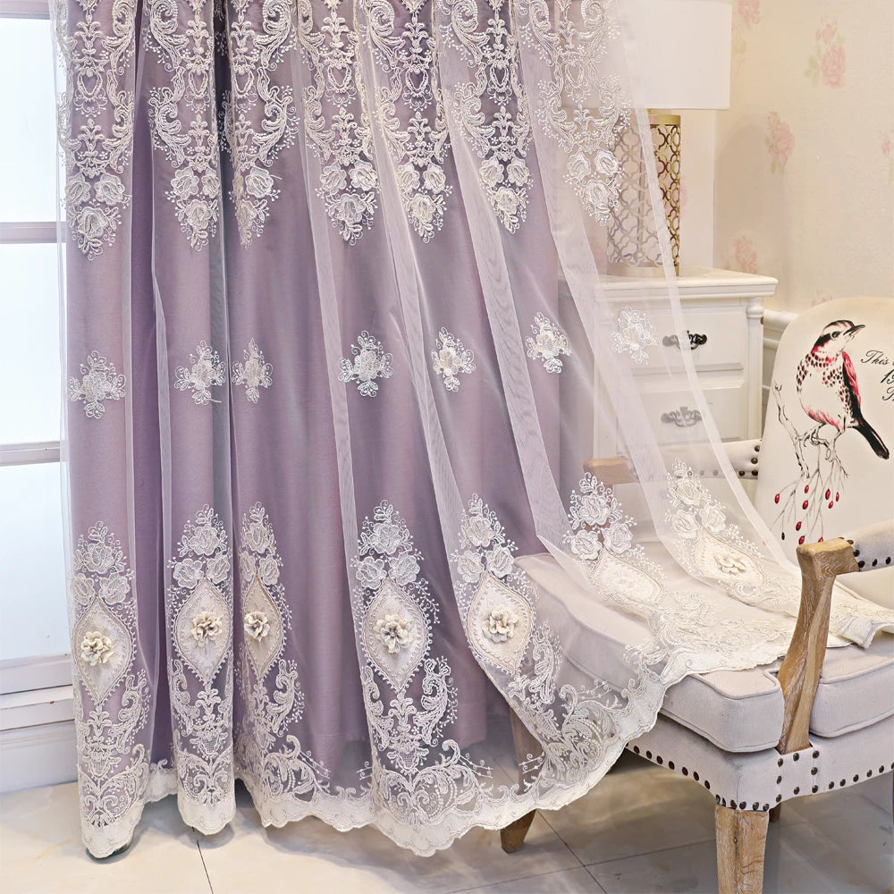 1PC Curtains,Luxury vintage-style embroidered curtains with 3D relief patterns, dual-layer design for privacy and light control