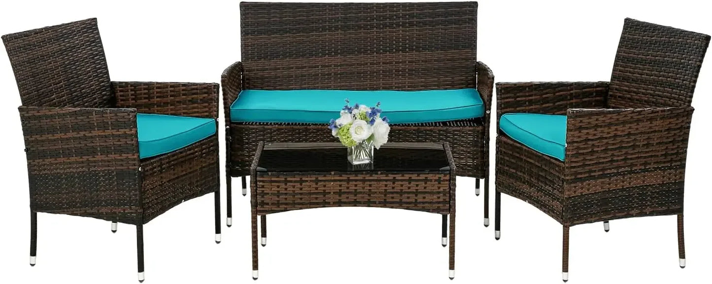 4 Pieces Patio Furniture Set Rattan Wicker Sofa Garden Conversation Set with Soft Cushions and Glass Table