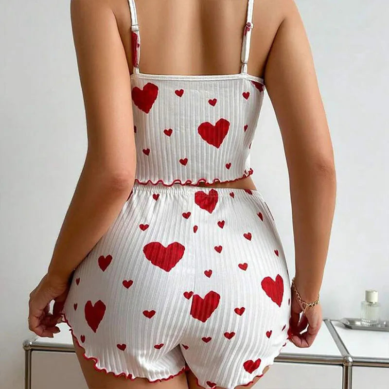 Women's 2 Piece Pajama Set Casual Sleepwear Short Tank Tops and Shorts White Soft Ventilate Love Print S M L