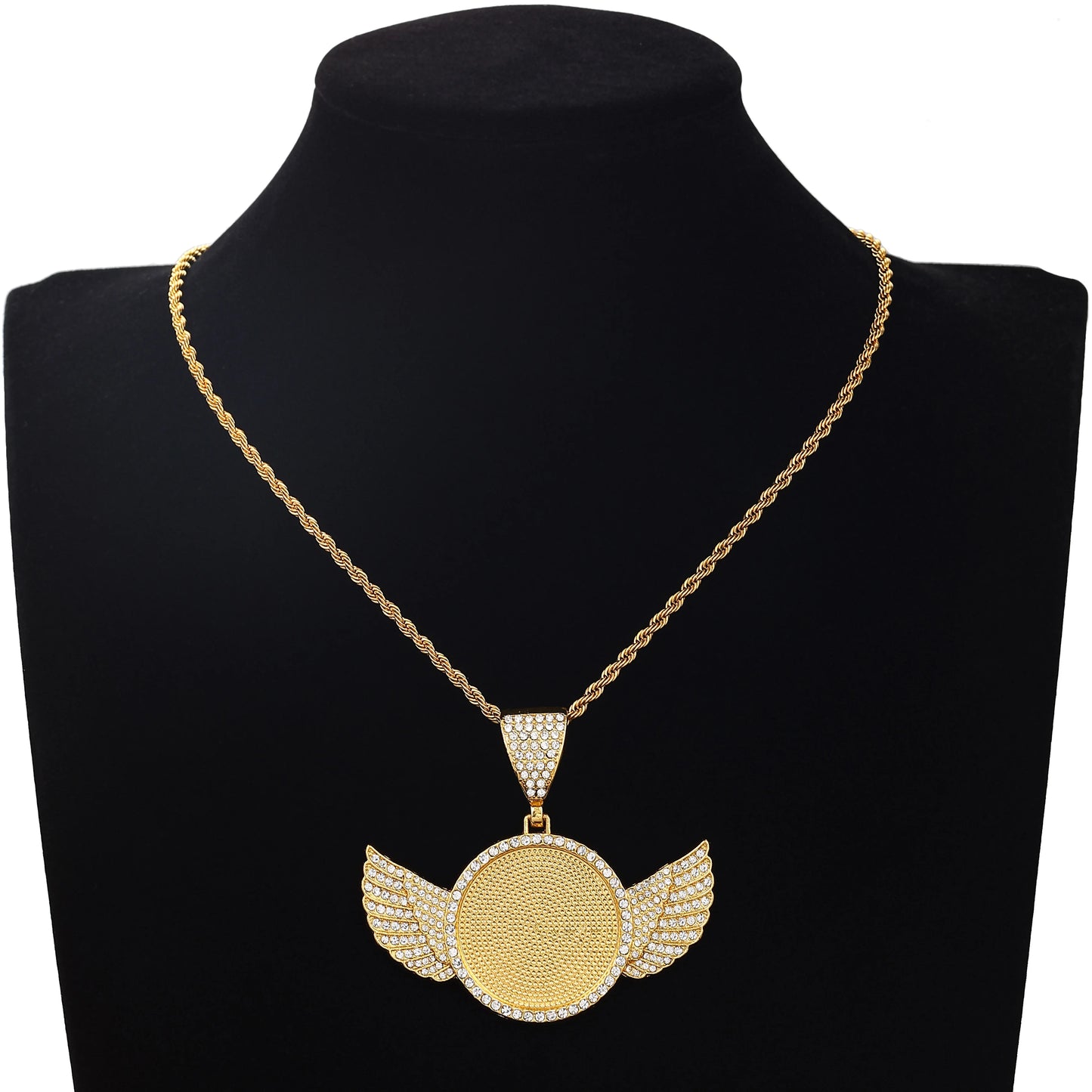 51/2000  Creative personalized round wing pendant with twisted chain, commemorative necklace for hip-hop DIY photo.