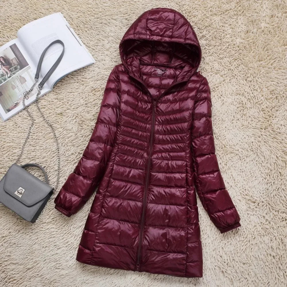Plus Size White Duck Down Jacket Lightweight Down Coat for Women Hooded Long Winter Wear