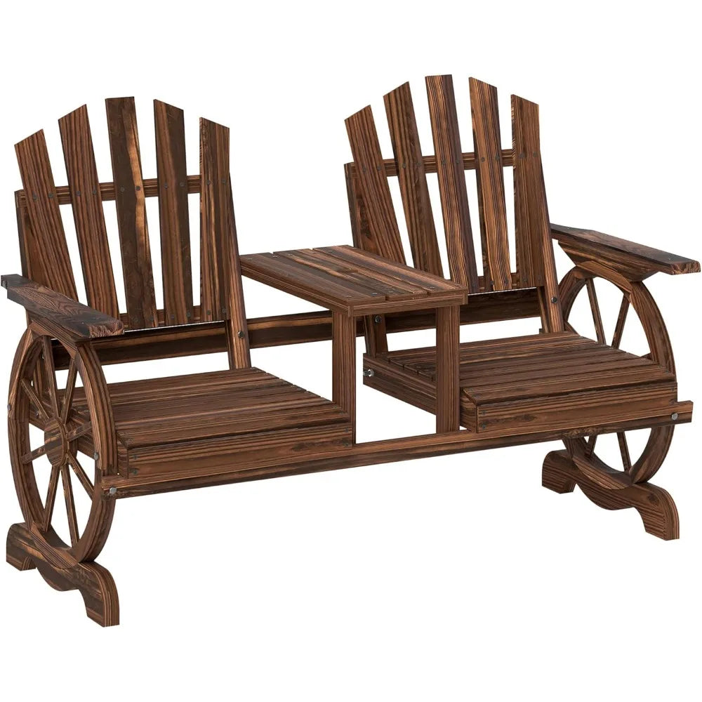 Wooden Garden Bench with Table and Umbrella Hole 2-Seat Wagon Wheel Outdoor Bench with Slatted Seat High Backrest and Armrests