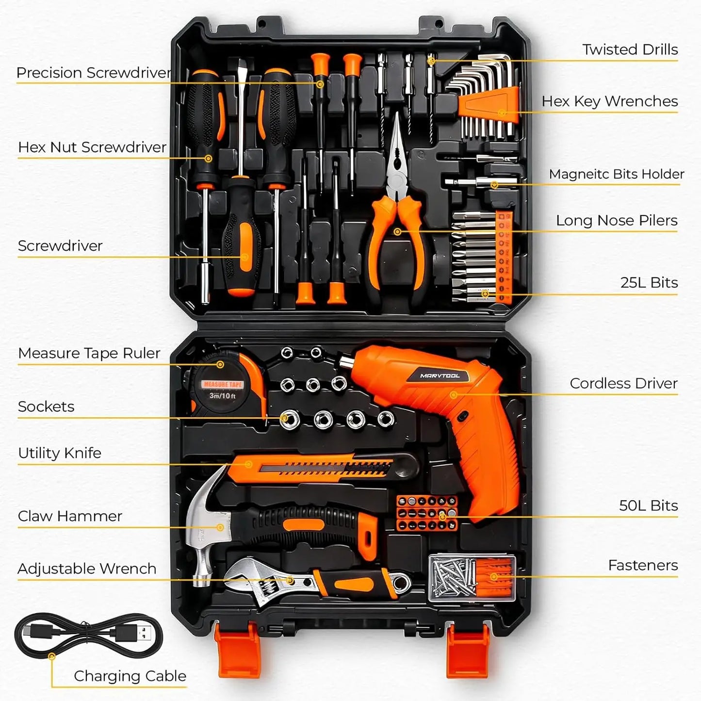 140/152/57 Piece Tool Set, Tool Box with 4/12V Cordless Drill, Home Repair Hand Tool Kit, General Drill Set for DIY House Repair