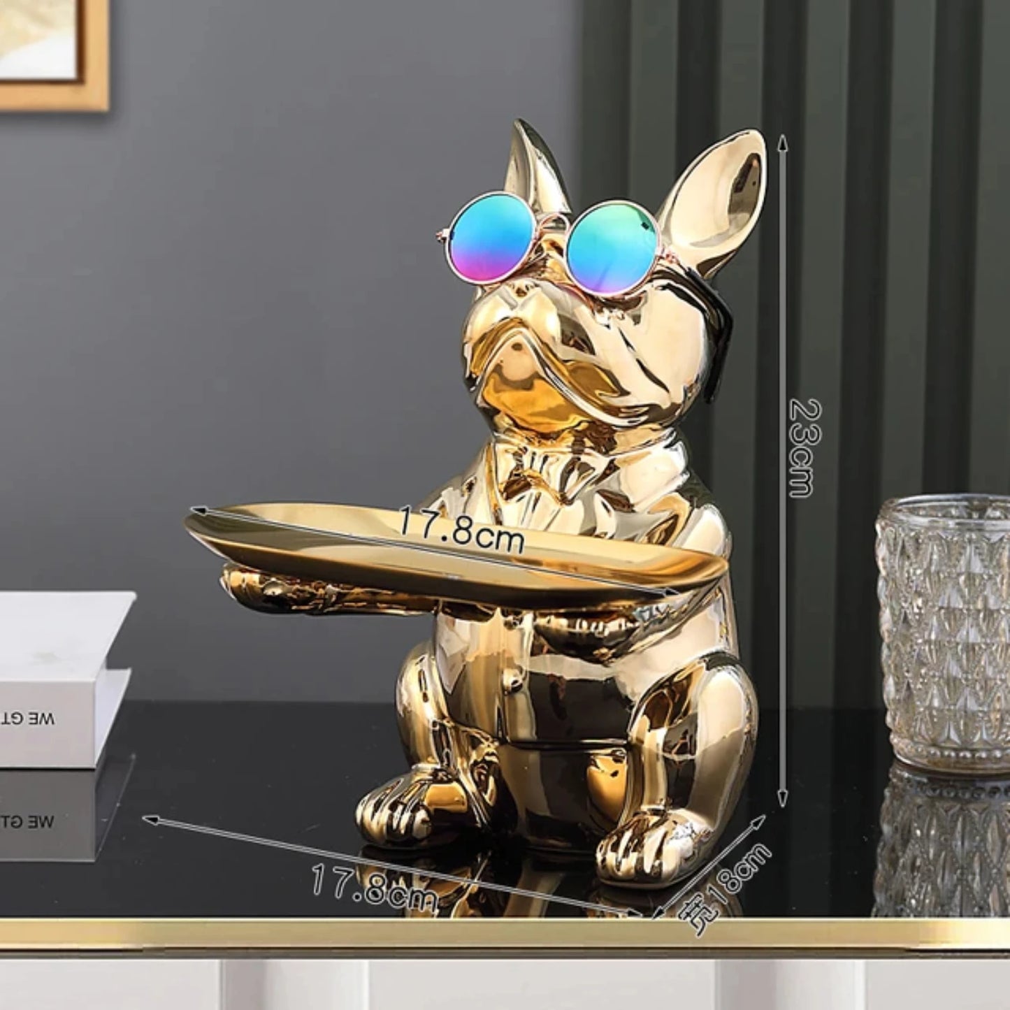 Nordic French Bulldog Sculpture Dog Figurine Statue Key Jewelry Storage Table Decoration Gift With Plate Glasses