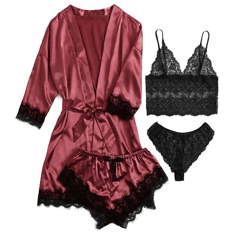 4 Pieces Women's Sleepwear Pajamas Set with Robe Sexy Lace Lingerie Bathrobe Silk Satin Home Nightwear Robe