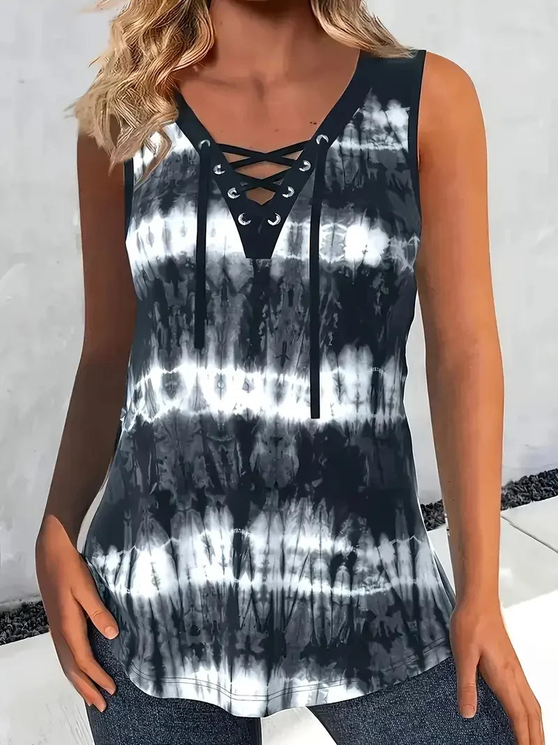 Plus Size Women Fashion Tie Dye Print Sleeveless Tank Tops Casual Round Neck Crisscross Detail Summer Wear 1XL to 5XL