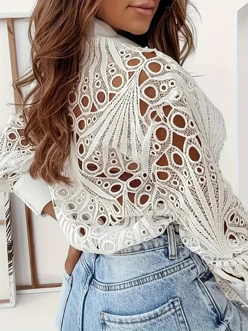 Plus Size 1XL to 5XL Women's Casual Solid Color Long Sleeve Lapel Button Down Shirt Fashion Hollow Out Shirt