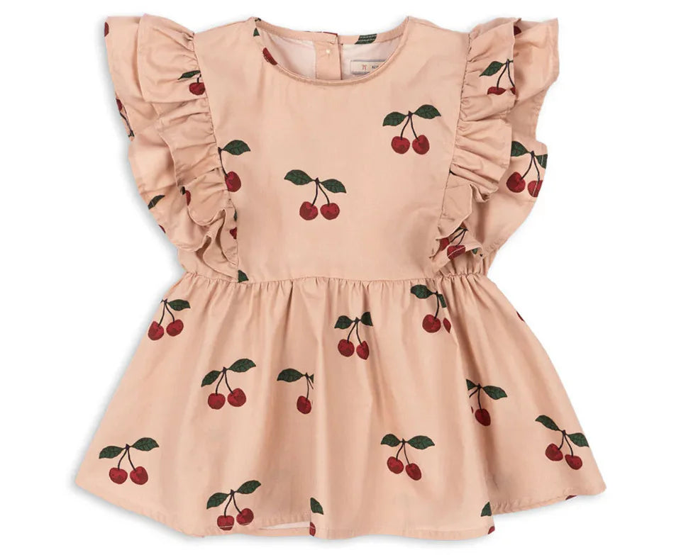 KS Cherry Girls Lace Puffed Sleeve Tank Dress and Shorts Set Spring Summer 2025 New Style