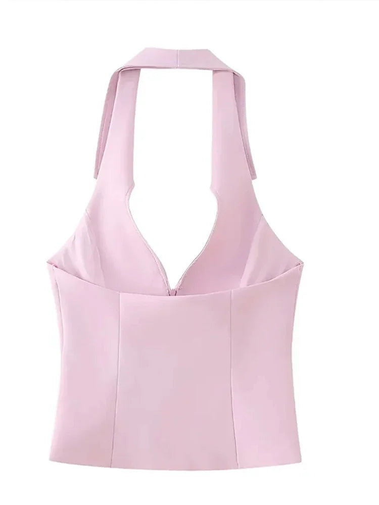 Fashion Pink Shorts Set for Women Sexy V Neck Sleeveless Tops Slim Hip Package Skirt 2024 Spring Summer New Ladies Suit