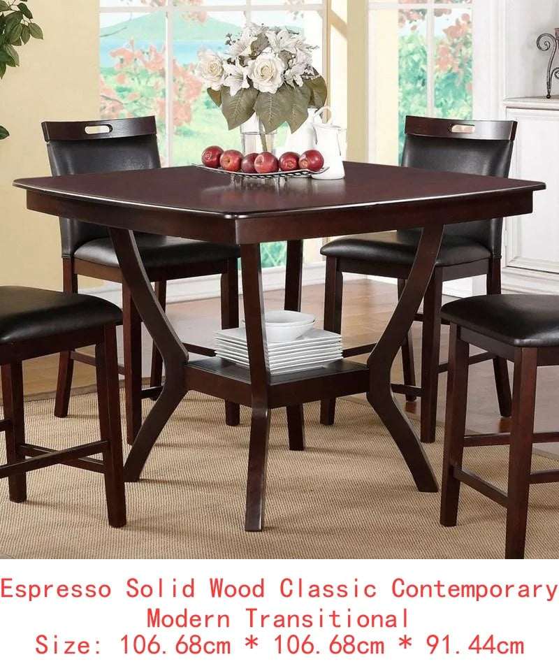 7pc Formal Dining Set with Solid Wood Table, Shelve & 6 Chairs in Espresso Finish