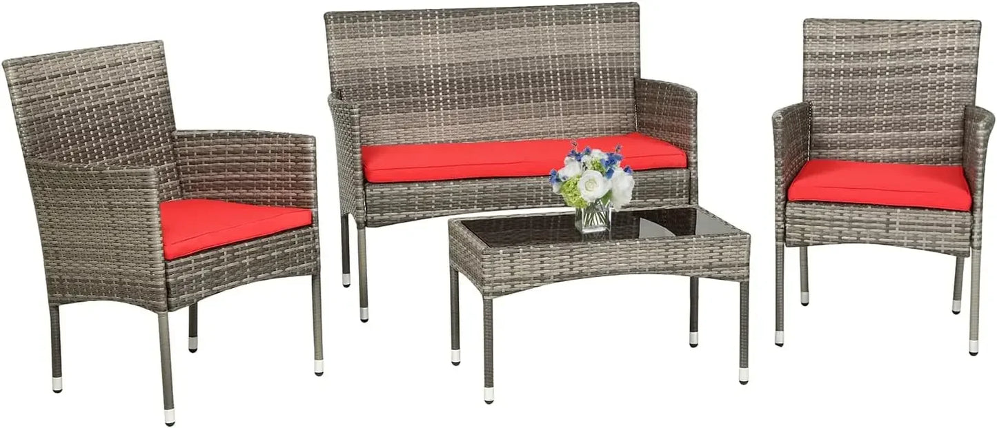 4 Pieces Patio Furniture Set Rattan Wicker Sofa Garden Conversation Set with Soft Cushions and Glass Table
