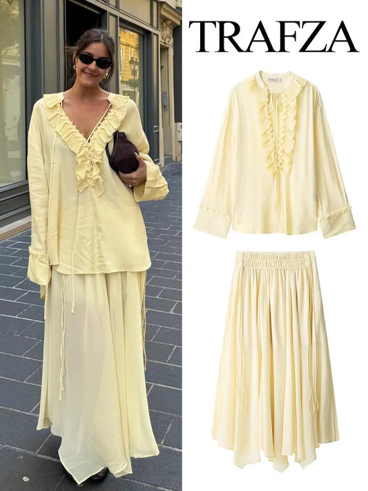TRAFZA Women Elegant Skirt Suit Long Sleeve Lace Loose Shirt and Zipper Pleated Casual Long Skirt Set