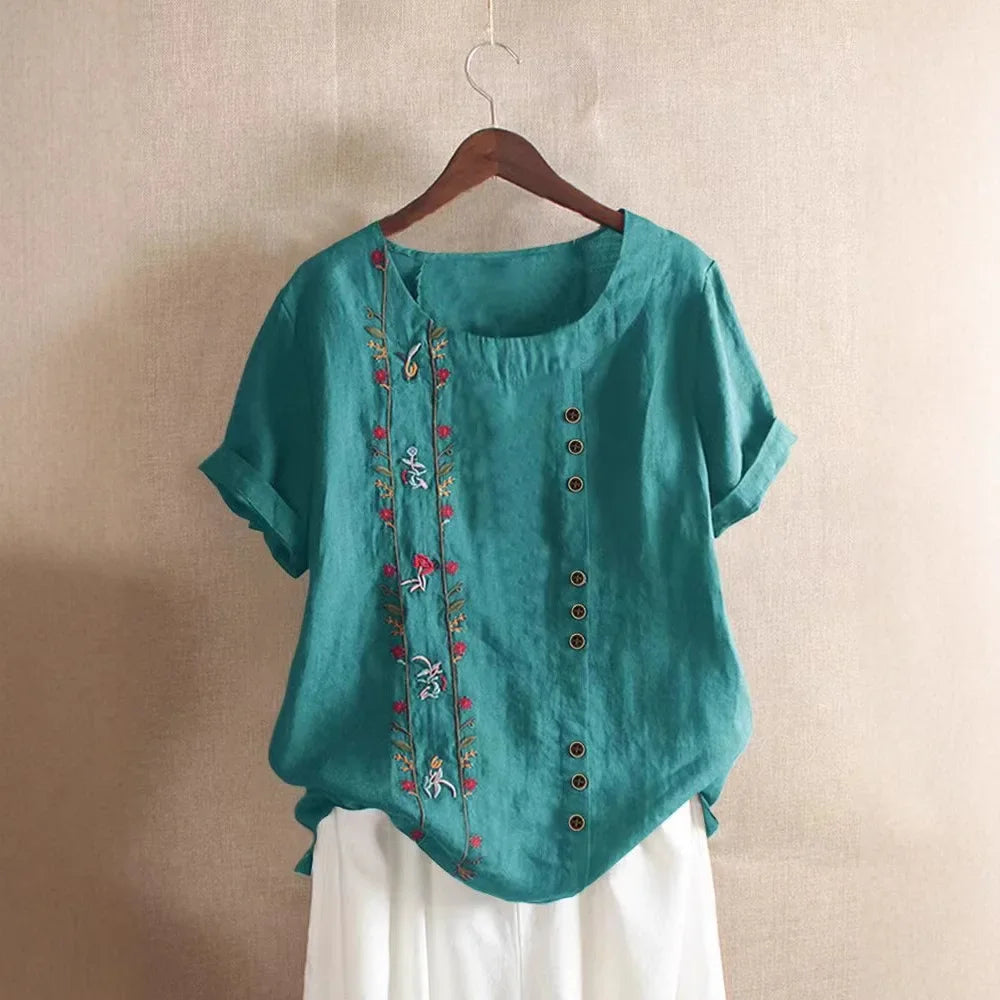 Retro Cotton Linen Short Sleeve Embroidered Flower Women's T Shirt Crew Neck Plus Size Shirt from Mainland China