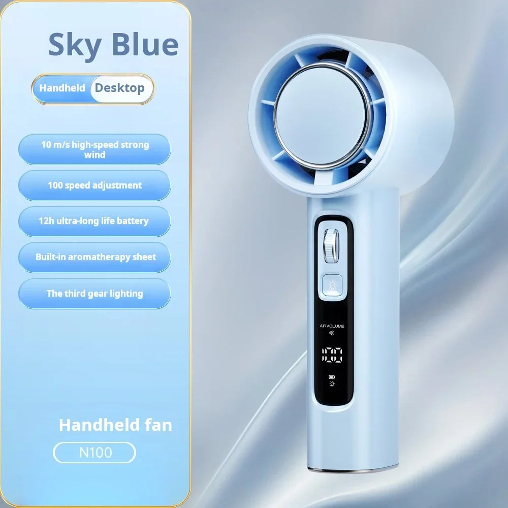 High Speed Handheld Fan with 5000mAh Battery 100 Speed Settings Stepless Motor LED Flashlight and Battery Indicator