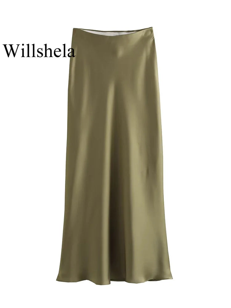Willshela 2024 Black Satin Skirt Women's High Waist Elegant Long Midi Skirt for Office Fashion