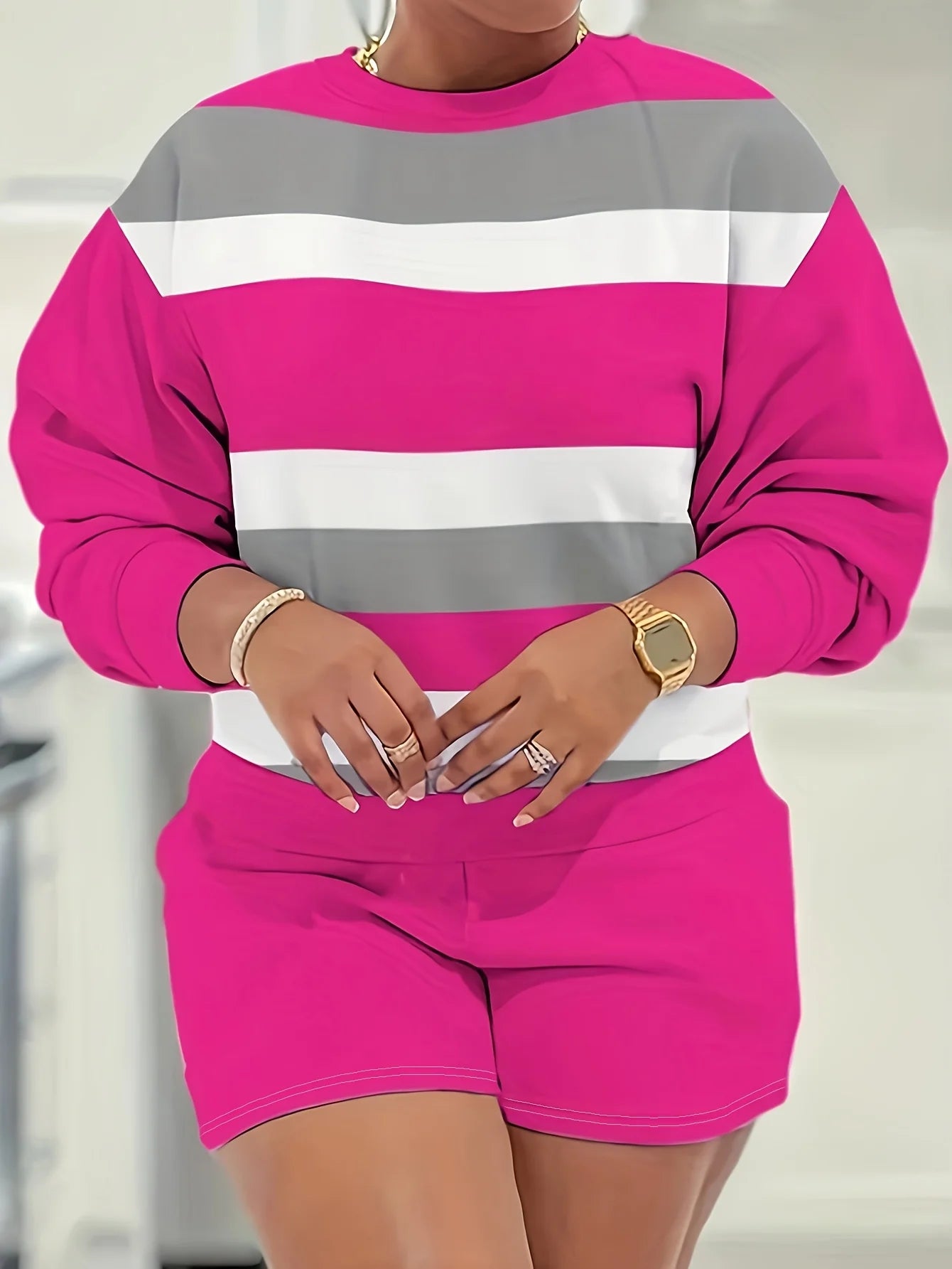 Casual Striped Printed O-neck Long Sleeved Sweatshirt and Shorts Two-piece Shorts Set