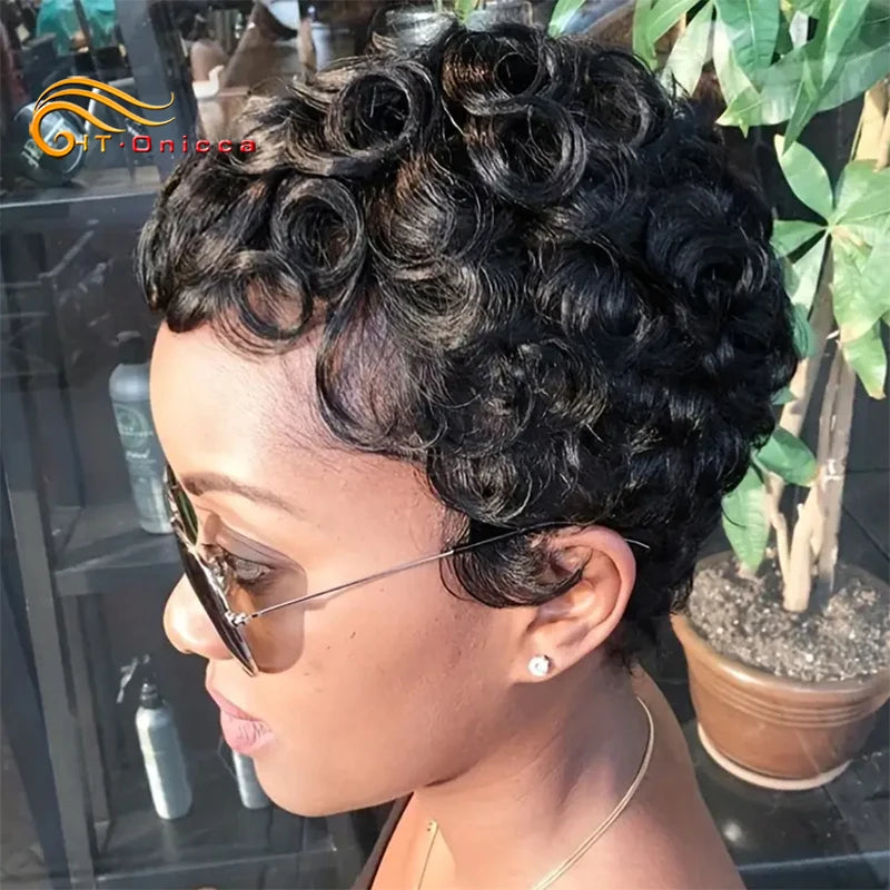 Htonicca Pixie Cut Wigs 100 Percent Human Hair Curly