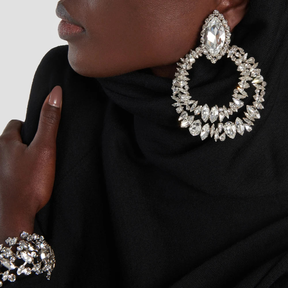 Stonefans Geometric Clip On Earrings Bridal No Piercing Accessories Elegant Lady Large Rhinestone Hoop Earrings Wedding Jewelry