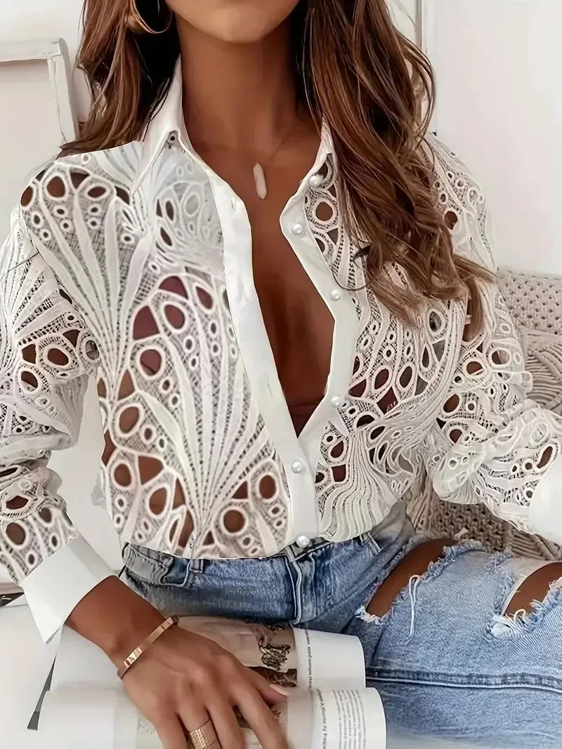 Plus Size 1XL to 5XL Women's Casual Solid Color Long Sleeve Lapel Button Down Shirt Fashion Hollow Out Shirt