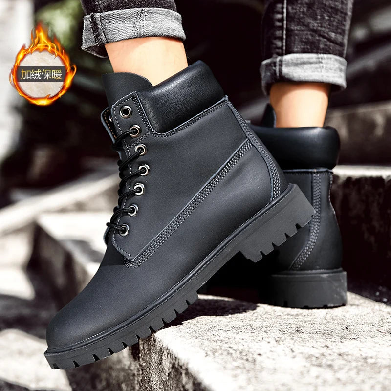 Men's Waterproof Non-Slip Winter Boots Warm Plush Sneakers Lace-Up Ankle Snow Shoes