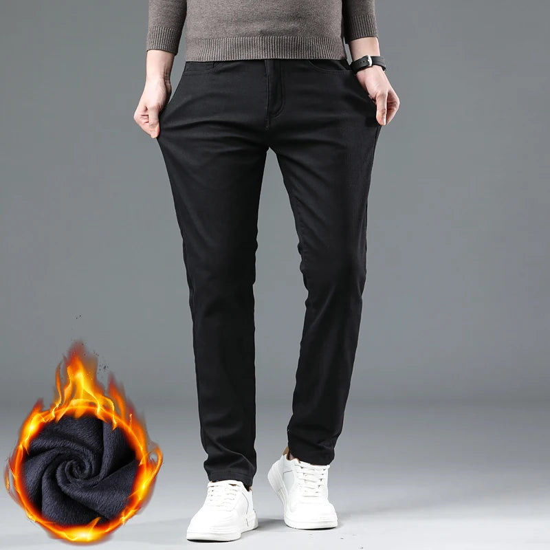 Winter New 2025 Fleece Pants Men's Thick Slim Elastic Business Casual Velvet Pants Warm Fashion Solid Color Plush Trousers Male