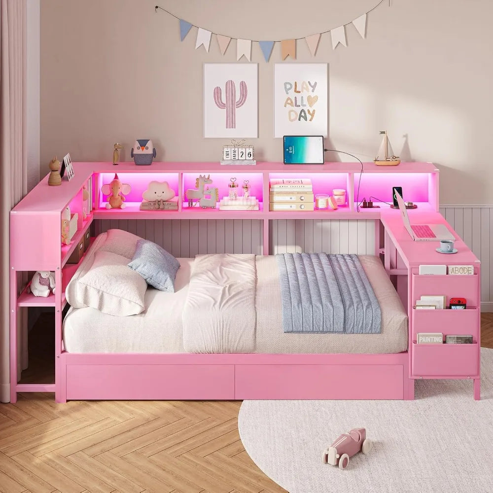 Color Corner Bed Frame With Desk Charging Station Lights