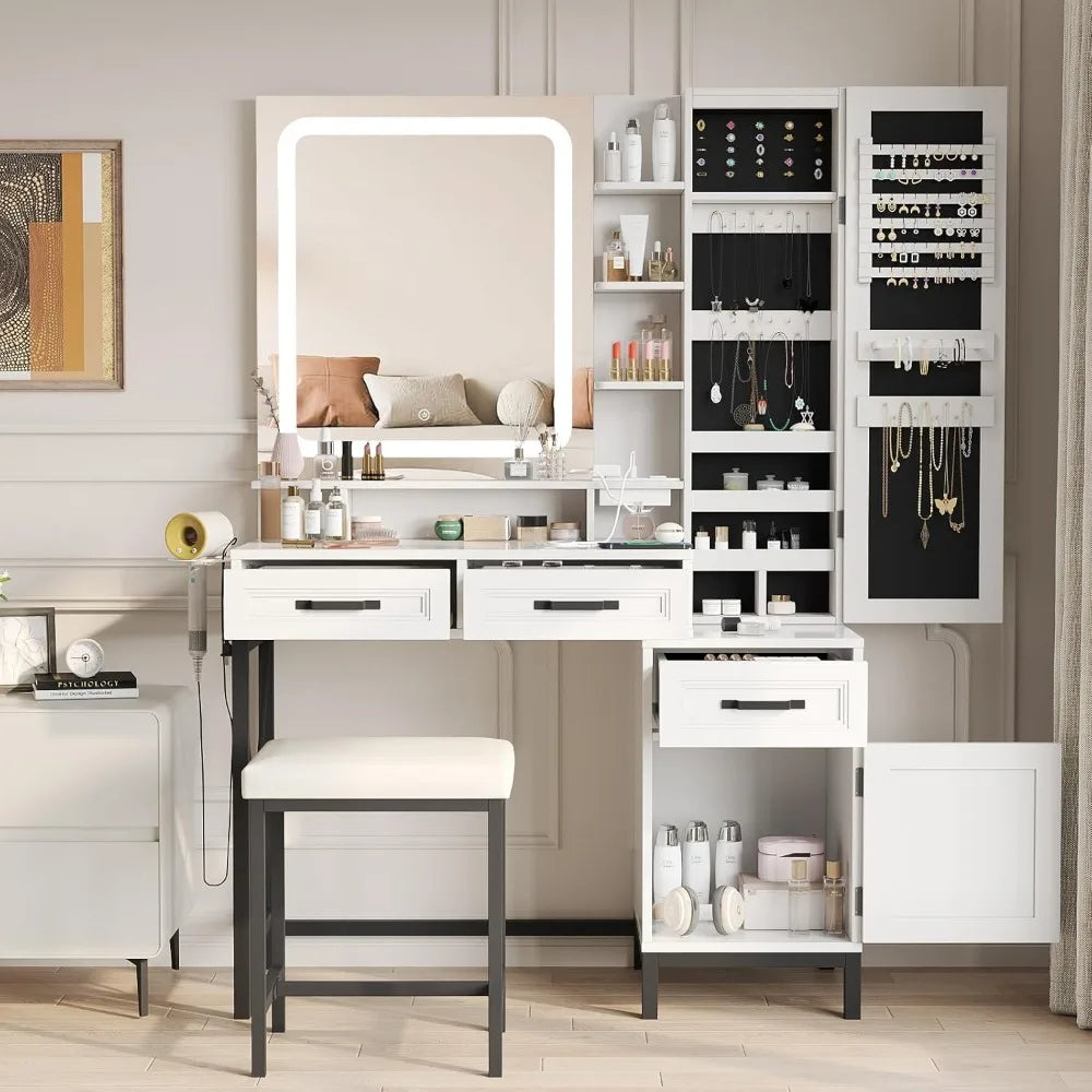 Vanity Desk with HD LED Mirror White Makeup Table with Large Jewelry Cabinet and Ample Storage Shelves 3 Drawers and Cabinets